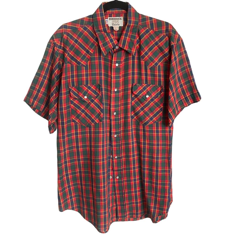 Vintage 80s Western Short Sleeve Pearl Snap Shirt Red Plaid Size 17 Made in USA